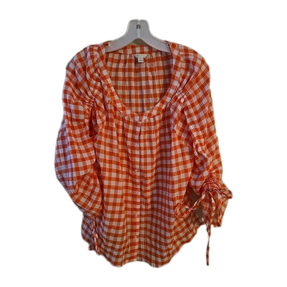 Cato Orange Gingham Button Front Ruched Sleeve Boho Peasant Top Womans Size XL